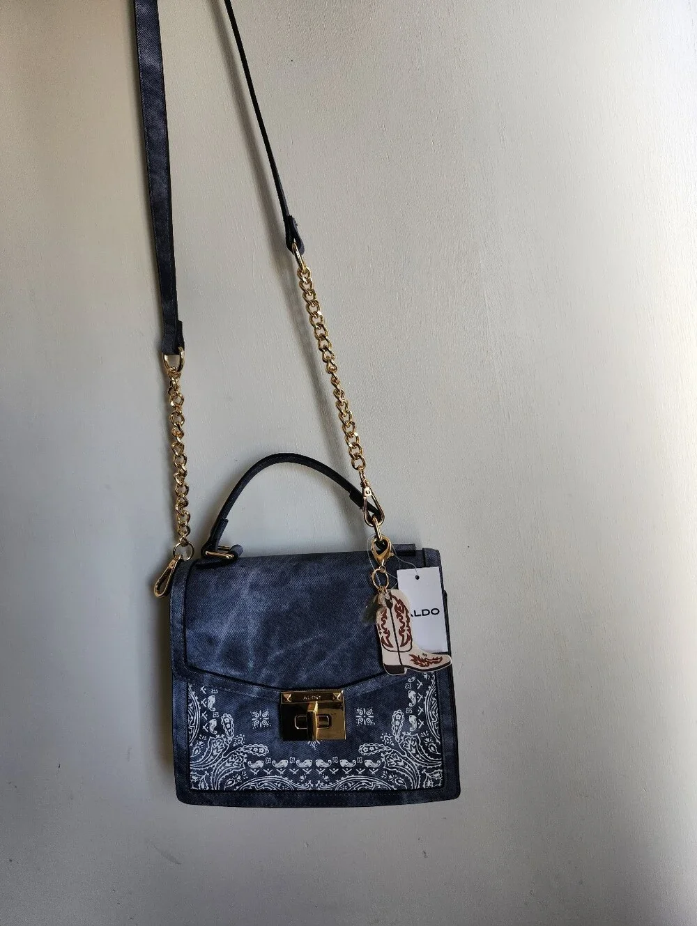 ALDO Pattern Blue Top-Handle Satchel with Gold Hardware